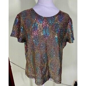 Vtg Eva Laurel Petite Sz PL Rainbow Embellished Sheer Top Festival Party Retro